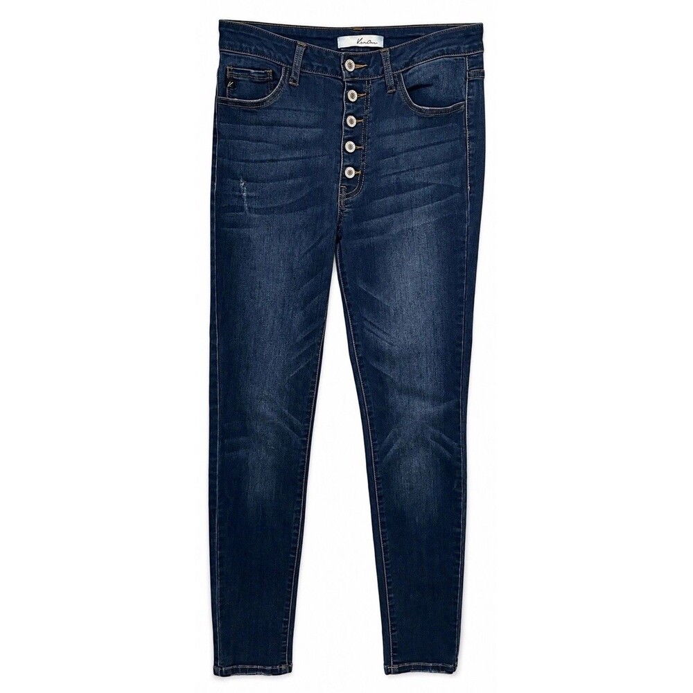 KanCan Jeans Women’s 9/28 Dark Wash Mid Rise Skinny Button Fly Distressed